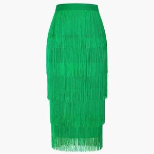 Green fringe midi pencil skirt